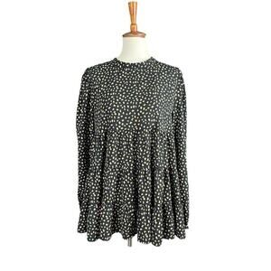 OTT Black Blouse Size Large Smock Style Black Tan Dotted Keyhole Back Boho
